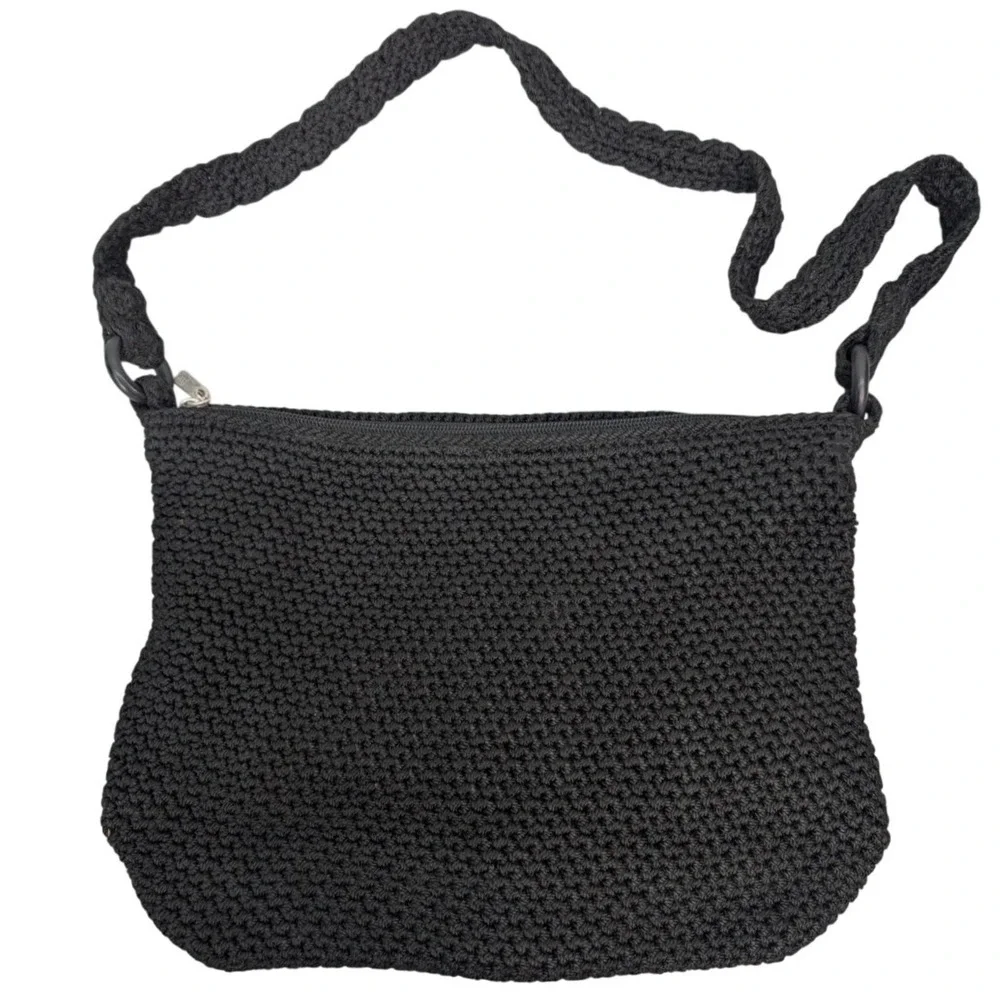 The‎ Sak Crochet Knit Small Crossbody Purse Bag Black Zipper Hobo Y2K Minimalist